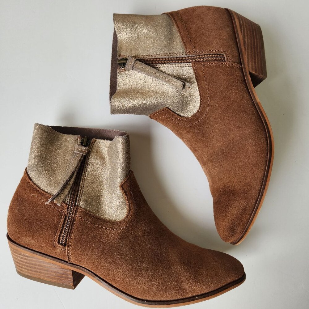 Frye & Co. Rubie Cognac Suede & Metallic Rose Gold Ankle Boots Western Rodeo - Picture 1 of 10